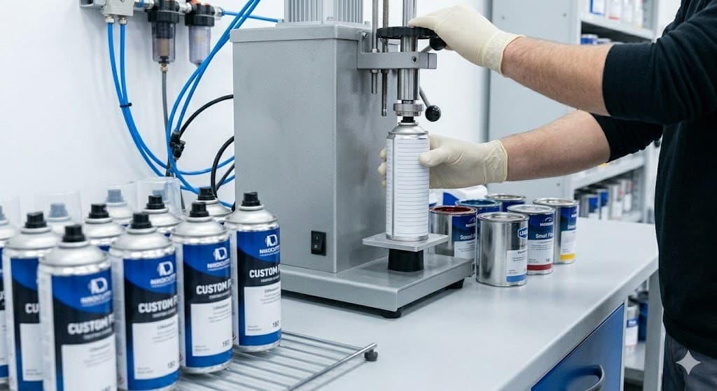 An aerosol can being filled to a custom mix on a bench filling machine, with a row of filled cans waiting