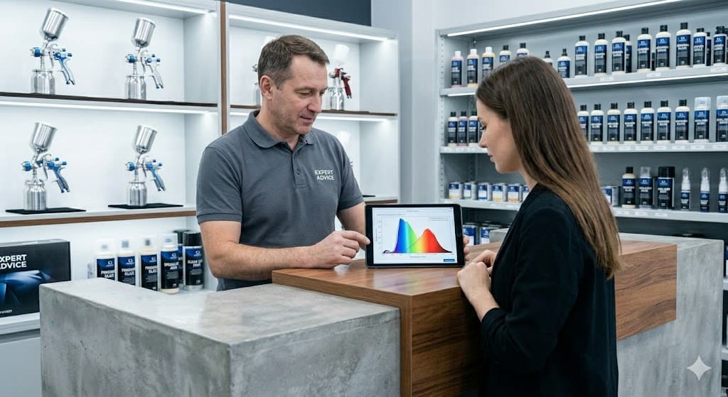 A staff member showing a customer a colour spectrum reading on a tablet at the trade counter