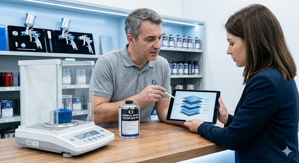 A staff member at the counter explaining a coating layer diagram to a customer, with mixing scales alongside