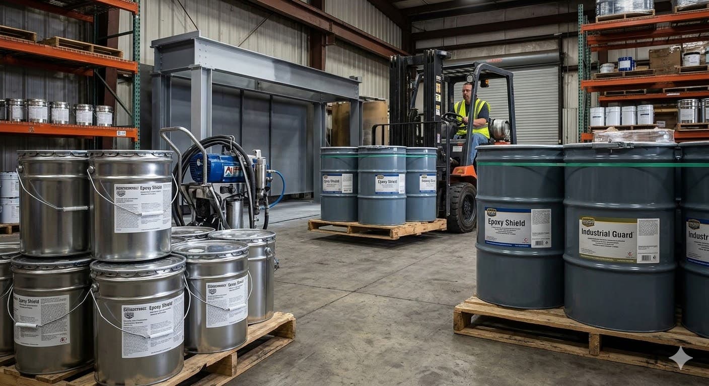 Industrial coating drums and pails stacked on pallets