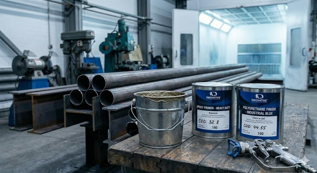 Epoxy primer and polyurethane finish tins on a workbench in a steel fabrication shop, with a spray booth behind