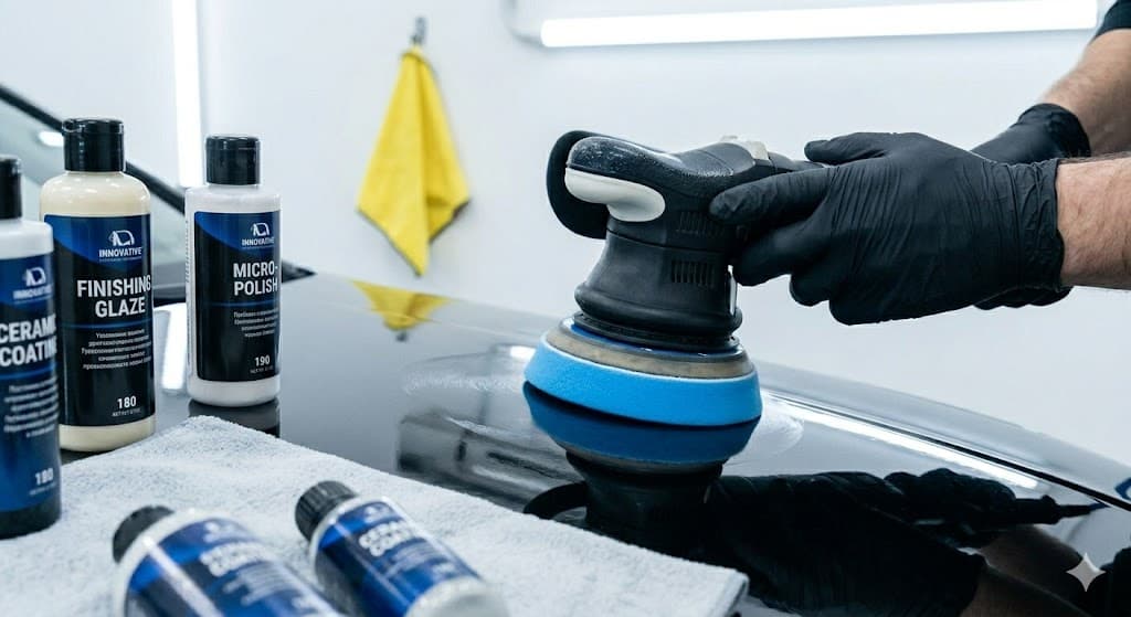 A machine polisher cutting back a dark panel beside finishing glaze and micro polish