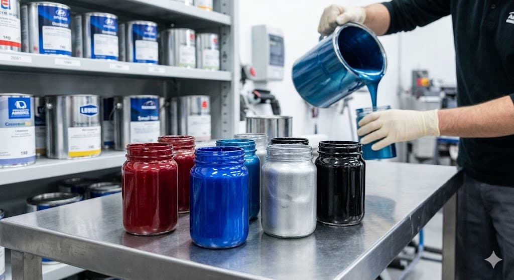 Tinted bases in red, blue, silver and black standing on a mixing bench while metallic blue paint is poured from a jug