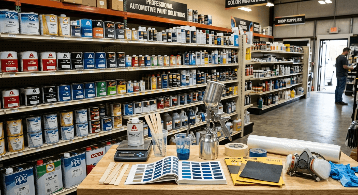 Shelves of automotive paint tins and consumables above a bench laid out with colour decks, a spray gun, scales and masking supplies