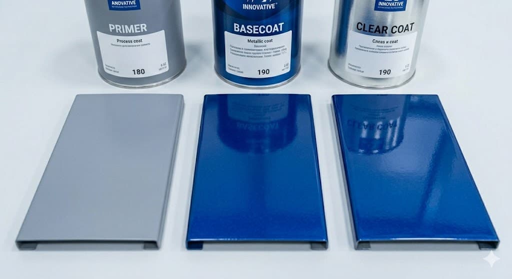 Primer, basecoat and clear coat tins with the matching sample panels they produced