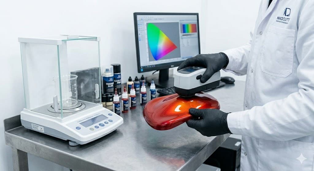 A spectrophotometer reading the colour of a red panel so it can be matched and mixed