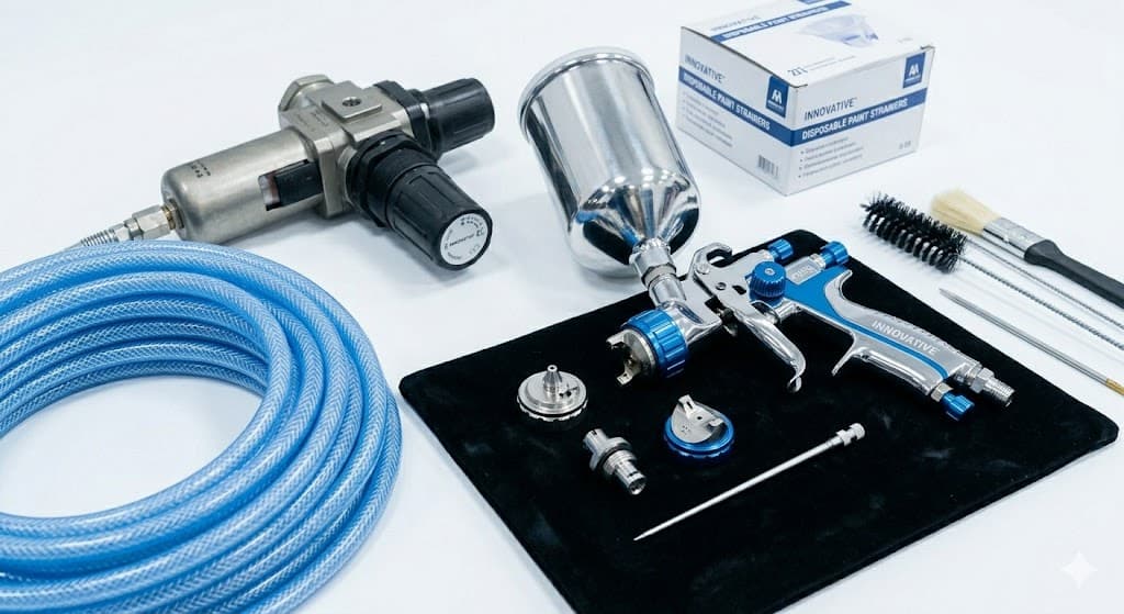 A gravity feed spray gun laid out with its needle, air cap, regulator, hose, strainers and cleaning brushes