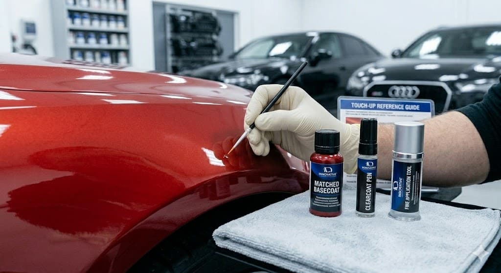 Colour matched touch-up basecoat being applied to a chip on a red panel