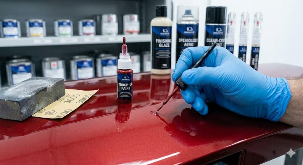 Touch-up paint being brushed into a stone chip on a deep red panel, with abrasive paper and finishing glaze at hand