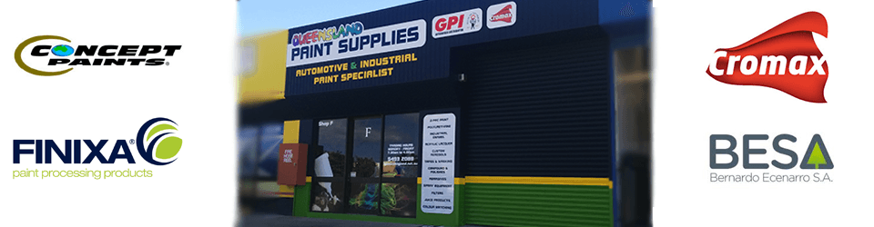 The Queensland Paint Supplies shopfront at Warana, signed Automotive & Industrial Paint Specialist, between the Concept Paints, Finixa, Cromax and Bernardo Ecenarro supplier logos